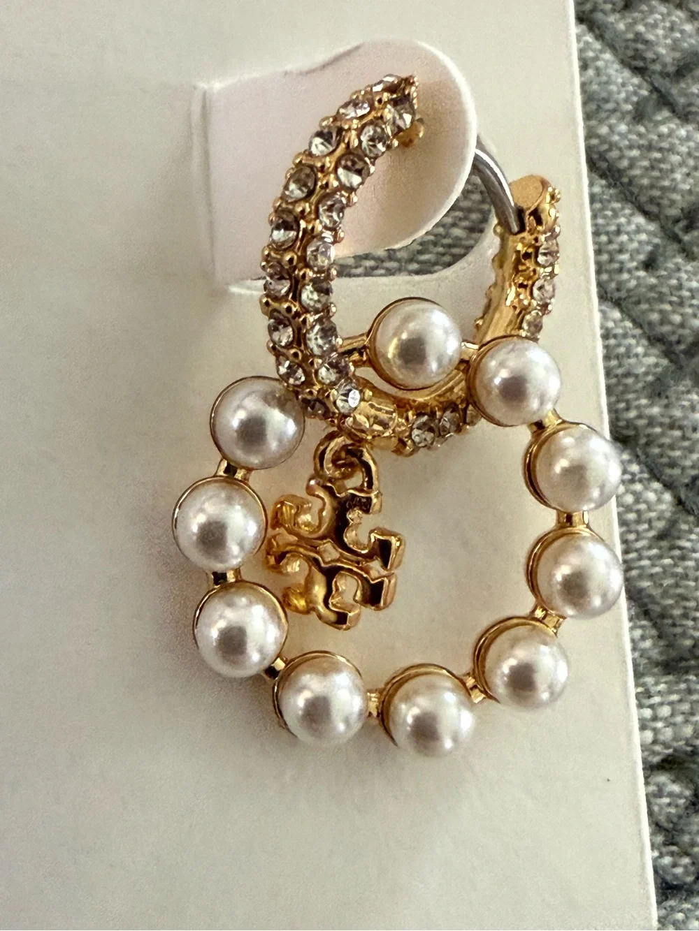 Tory Burch Moondance Faux Pearl Hoop Pave Diamond Earrings Huggies
